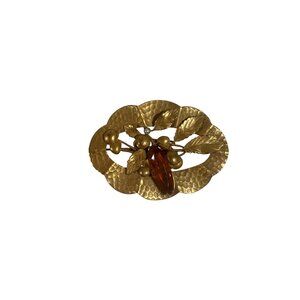 Antique Art Deco Gold-Tone Amber-Colored Glass Hammered & Floral Leaf C Clasp